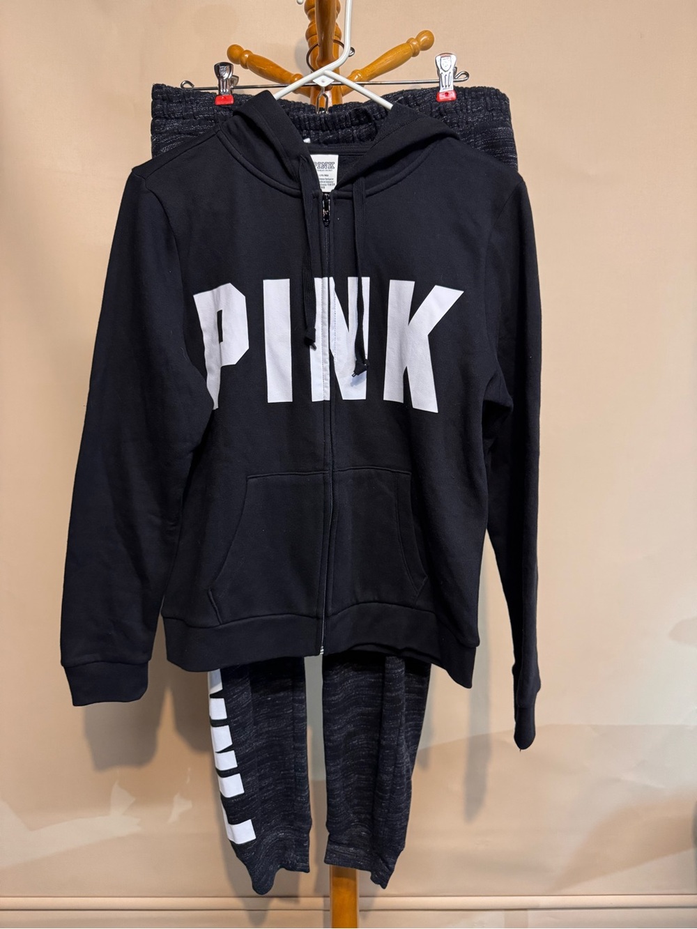 Victoria's Secret PINK Campus Full Zip Hoodie and Jogger Set Black & White